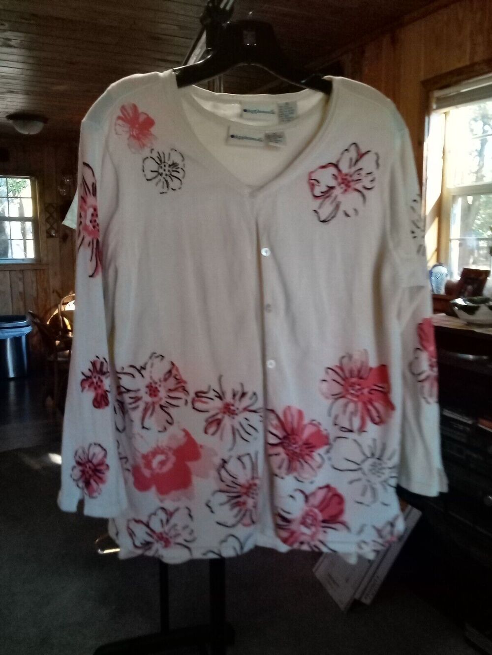 Appleseeds Women's XL Ivory &Pink Floral Silk BL Cardigan Sweater W Ivory Tank